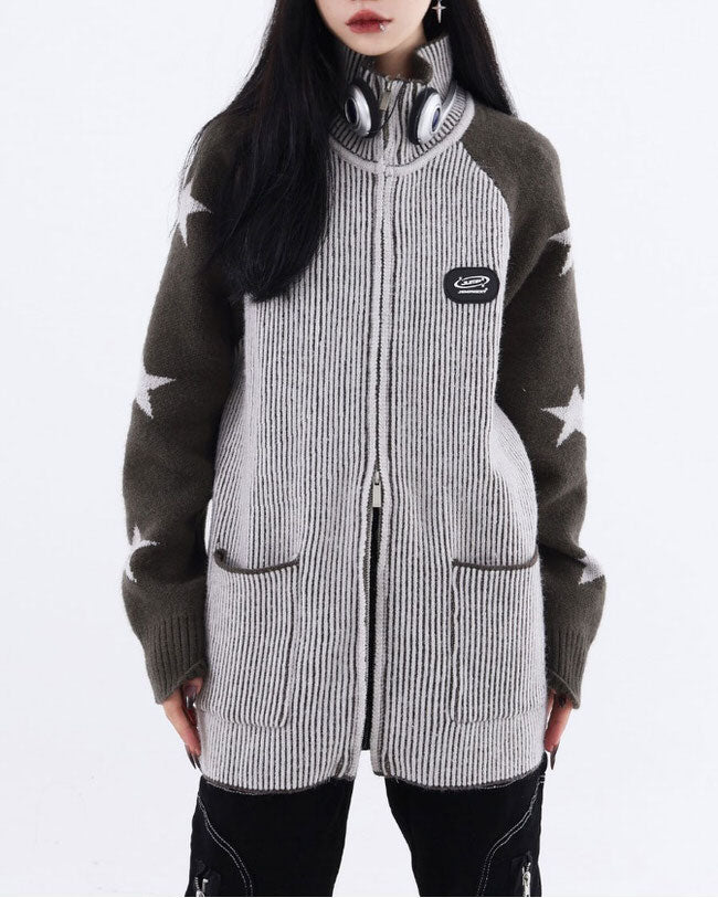 VILZSTUDIOS Trendy zip-up sweater with ribbed knit and star design