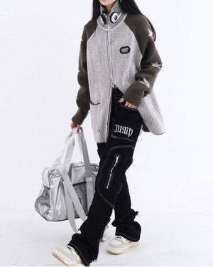 VILZSTUDIOS Trendy zip-up sweater with ribbed knit and star design