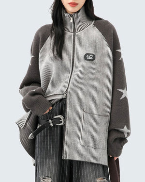 VILZSTUDIOS Trendy zip-up sweater with ribbed knit and star design