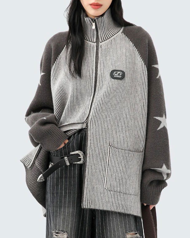 VILZSTUDIOS Trendy zip-up sweater with ribbed knit and star design