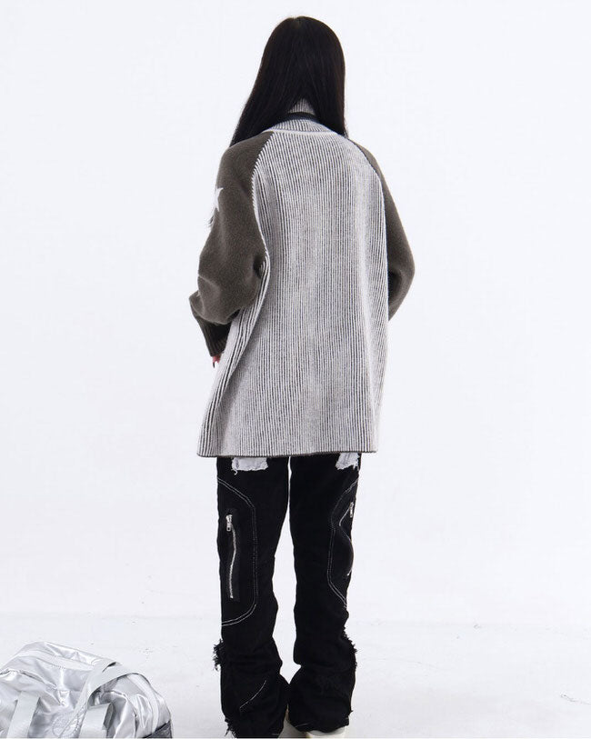 VILZSTUDIOS Trendy zip-up sweater with ribbed knit and star design