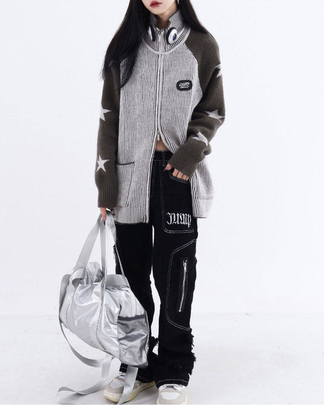 VILZSTUDIOS Trendy zip-up sweater with ribbed knit and star design