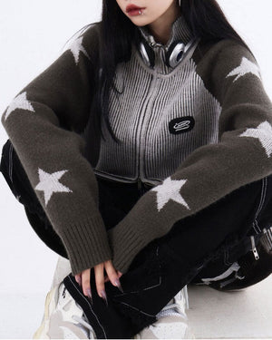 VILZSTUDIOS Trendy zip-up sweater with ribbed knit and star design