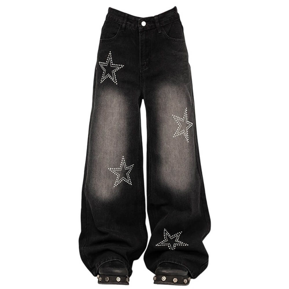 VILZSTUDIOS Wide leg denim jeans with rhinestone star embellishments