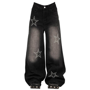 VILZSTUDIOS Wide leg denim jeans with rhinestone star embellishments