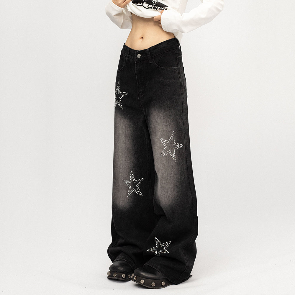 VILZSTUDIOS Wide leg denim jeans with rhinestone star embellishments