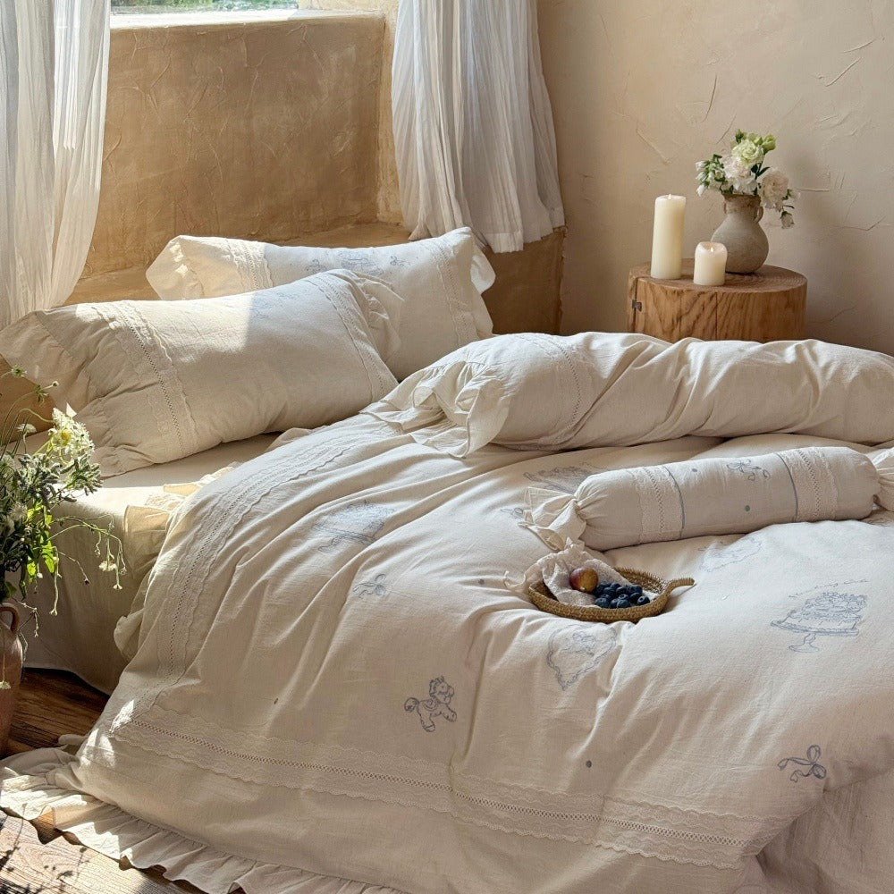 VILZSTUDIOS cream or dusty blush pink duvet cover set with storybook embroidery, openwork lace and ruffled edges