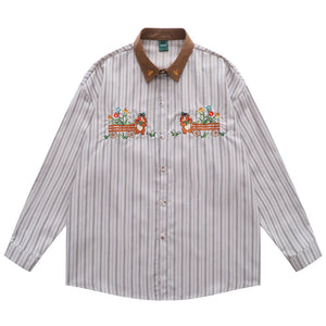 VILZSTUDIOS Bear embroidery striped shirt for streetwear fashion