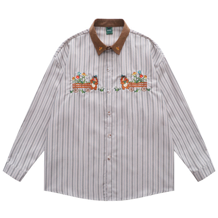 VILZSTUDIOS Bear embroidery striped shirt for streetwear fashion