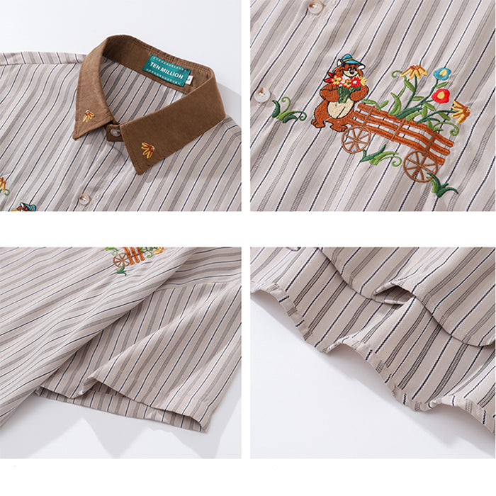 VILZSTUDIOS Bear embroidery striped shirt for streetwear fashion