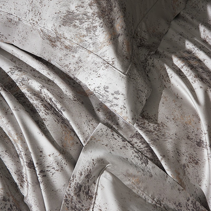 VILZSTUDIOS taupe and charcoal-gray marbled satin bedding set with wide flanged borders