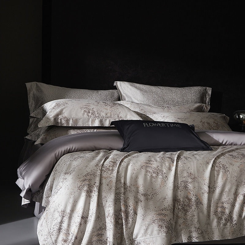 VILZSTUDIOS taupe and charcoal-gray marbled satin bedding set with wide flanged borders