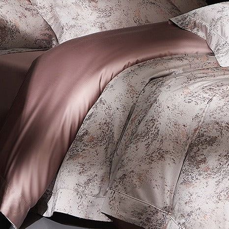 VILZSTUDIOS taupe and charcoal-gray marbled satin bedding set with wide flanged borders