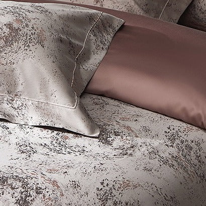 VILZSTUDIOS taupe and charcoal-gray marbled satin bedding set with wide flanged borders