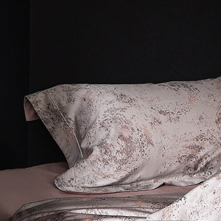 VILZSTUDIOS taupe and charcoal-gray marbled satin bedding set with wide flanged borders