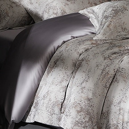 VILZSTUDIOS taupe and charcoal-gray marbled satin bedding set with wide flanged borders