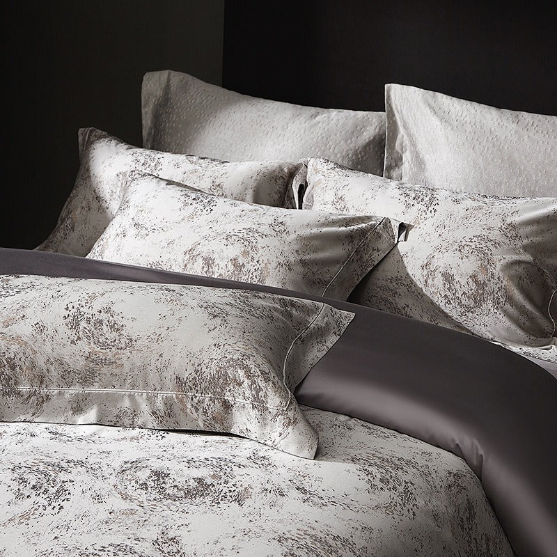 VILZSTUDIOS taupe and charcoal-gray marbled satin bedding set with wide flanged borders