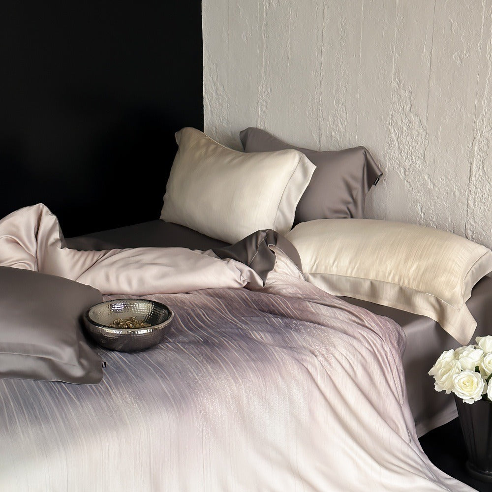 VILZSTUDIOS taupe-grey and ivory ombré satin duvet cover set with subtle ripple patterning and flanged borders
