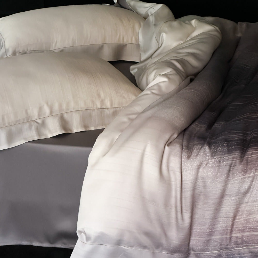 VILZSTUDIOS taupe-grey and ivory ombré satin duvet cover set with subtle ripple patterning and flanged borders