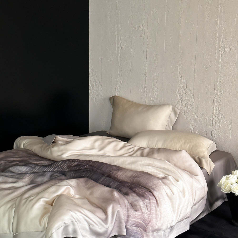 VILZSTUDIOS taupe-grey and ivory ombré satin duvet cover set with subtle ripple patterning and flanged borders
