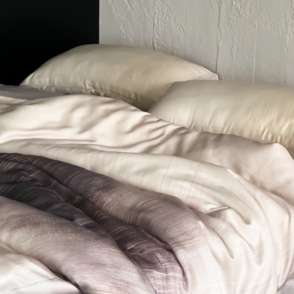 VILZSTUDIOS taupe-grey and ivory ombré satin duvet cover set with subtle ripple patterning and flanged borders