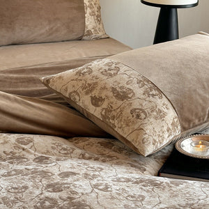 VILZSTUDIOS taupe and cream rose jacquard velvet duvet cover set with broad solid border