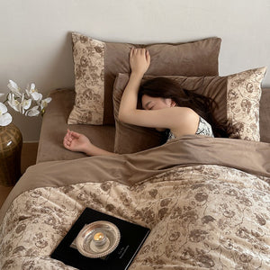 VILZSTUDIOS taupe and cream rose jacquard velvet duvet cover set with broad solid border