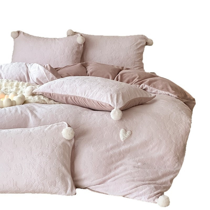 VILZSTUDIOS dusty pink or powder blue teddy bear duvet cover set with plush heart and white pillowcase pom-poms