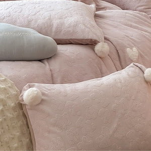 VILZSTUDIOS dusty pink or powder blue teddy bear duvet cover set with plush heart and white pillowcase pom-poms