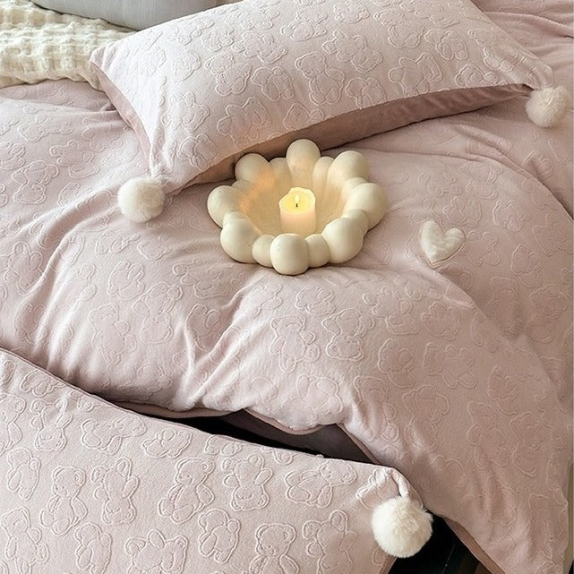VILZSTUDIOS dusty pink or powder blue teddy bear duvet cover set with plush heart and white pillowcase pom-poms