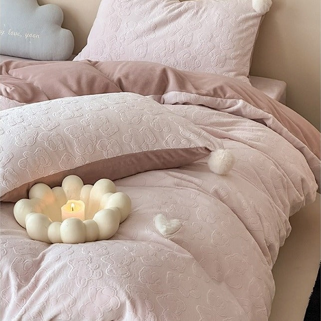 VILZSTUDIOS dusty pink or powder blue teddy bear duvet cover set with plush heart and white pillowcase pom-poms