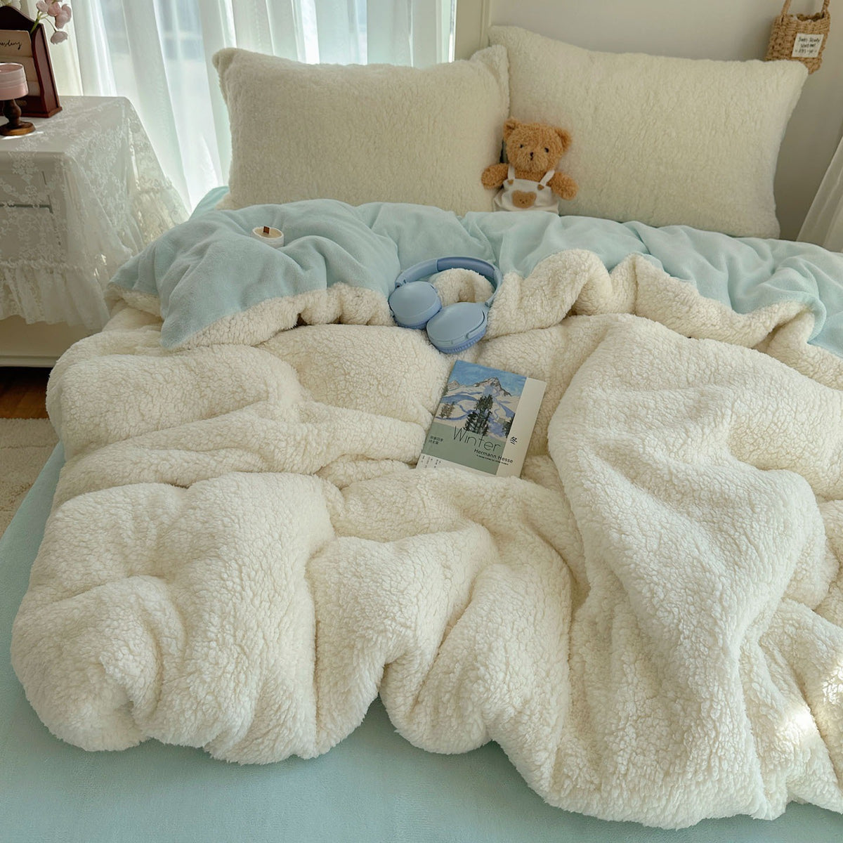 VILZSTUDIOS pastel and neutral teddy fleece bedding set with curly texture and stitched channels