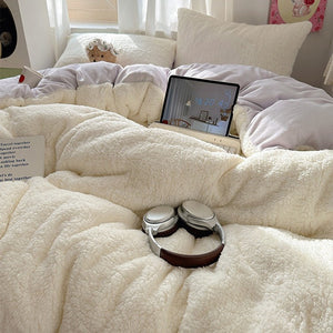 VILZSTUDIOS pastel and neutral teddy fleece bedding set with curly texture and stitched channels