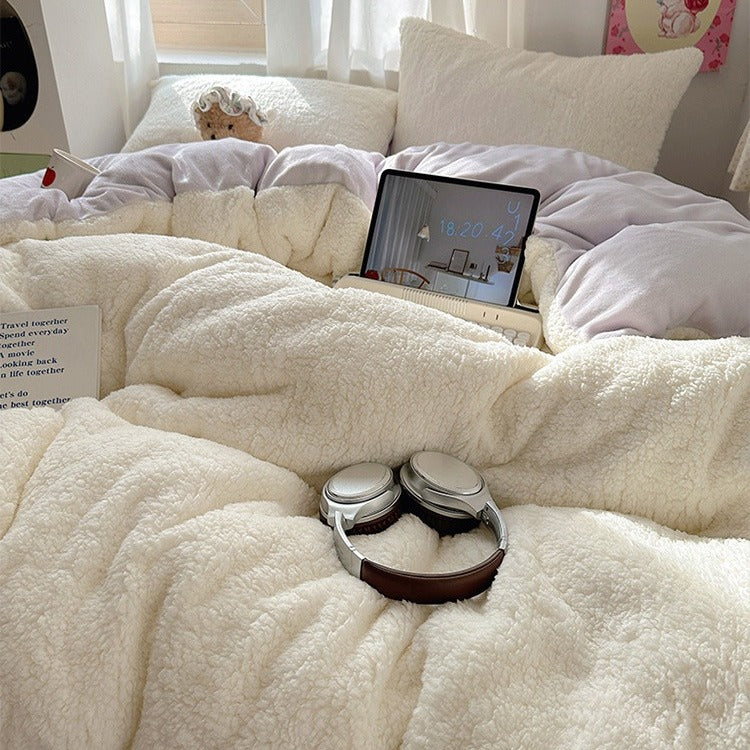 VILZSTUDIOS pastel and neutral teddy fleece bedding set with curly texture and stitched channels