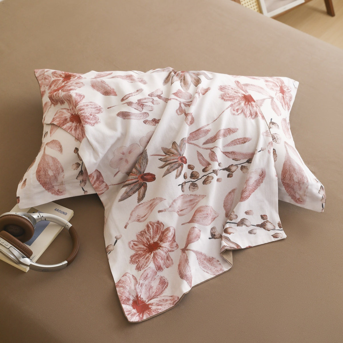 VILZSTUDIOS cream bedding set with terracotta botanical illustrations and mocha brown reverse