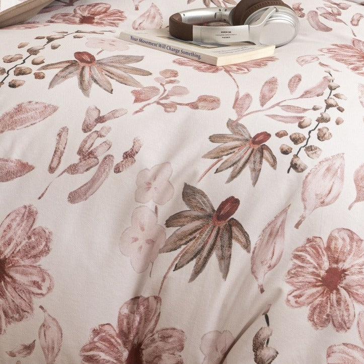 VILZSTUDIOS cream bedding set with terracotta botanical illustrations and mocha brown reverse