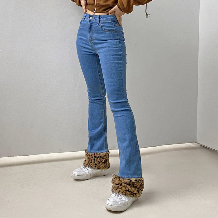 VILZSTUDIOS Textured denim jeans with leopard trim by VILZSTUDIOS