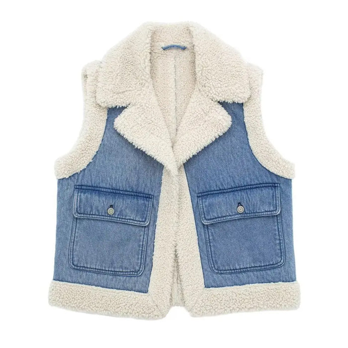 VILZSTUDIOS Textured denim vest with faux fur lining