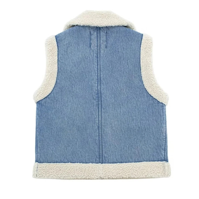 VILZSTUDIOS Textured denim vest with faux fur lining