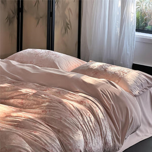 VILZSTUDIOS pink, blue or olive green velvet duvet cover set with textured nature-motif panels and matte borders