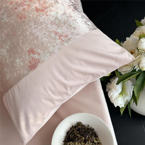 VILZSTUDIOS pink, blue or olive green velvet duvet cover set with textured nature-motif panels and matte borders