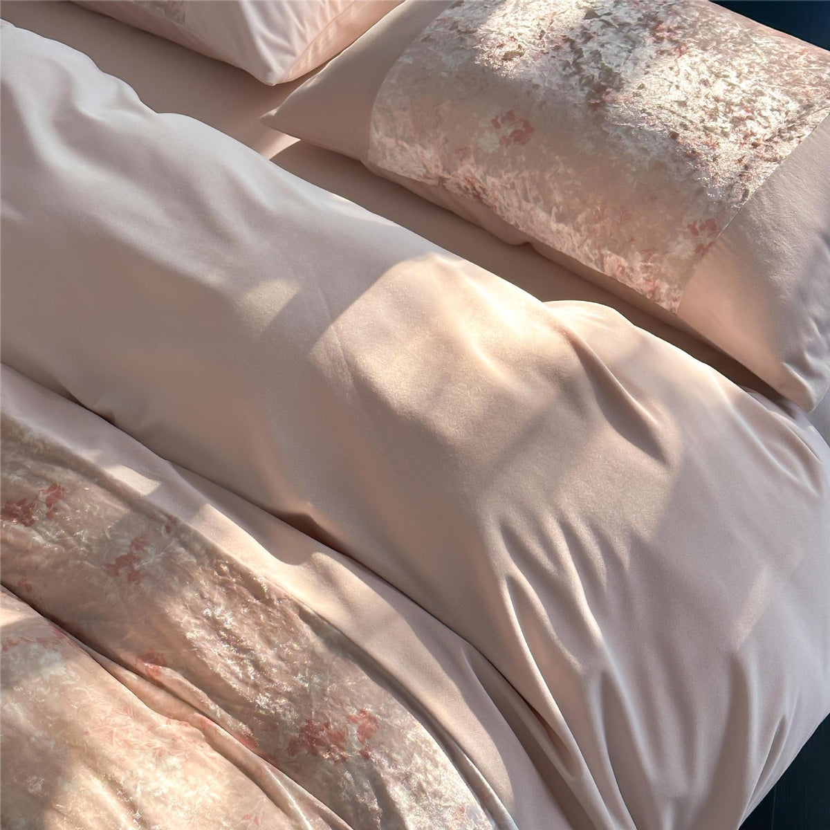 VILZSTUDIOS pink, blue or olive green velvet duvet cover set with textured nature-motif panels and matte borders