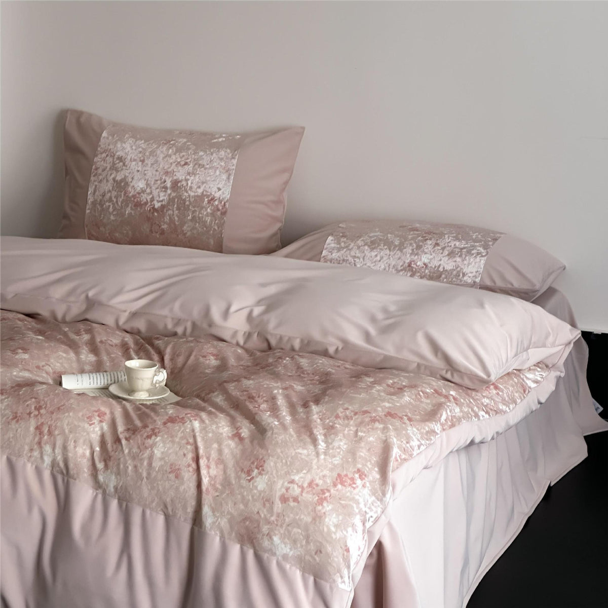 VILZSTUDIOS pink, blue or olive green velvet duvet cover set with textured nature-motif panels and matte borders