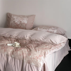 VILZSTUDIOS pink, blue or olive green velvet duvet cover set with textured nature-motif panels and matte borders