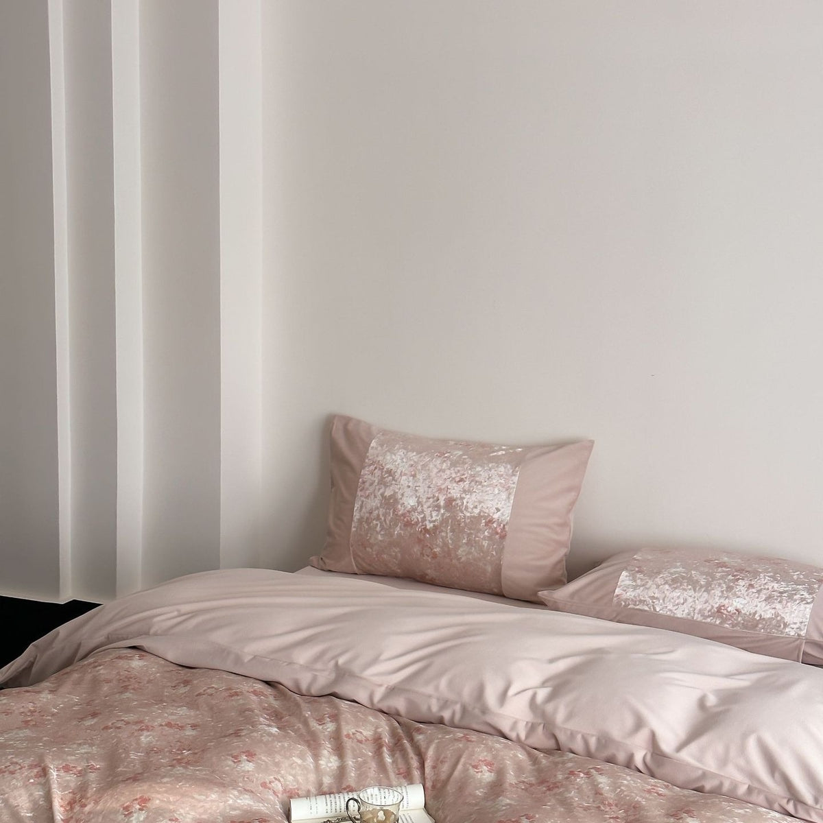 VILZSTUDIOS pink, blue or olive green velvet duvet cover set with textured nature-motif panels and matte borders