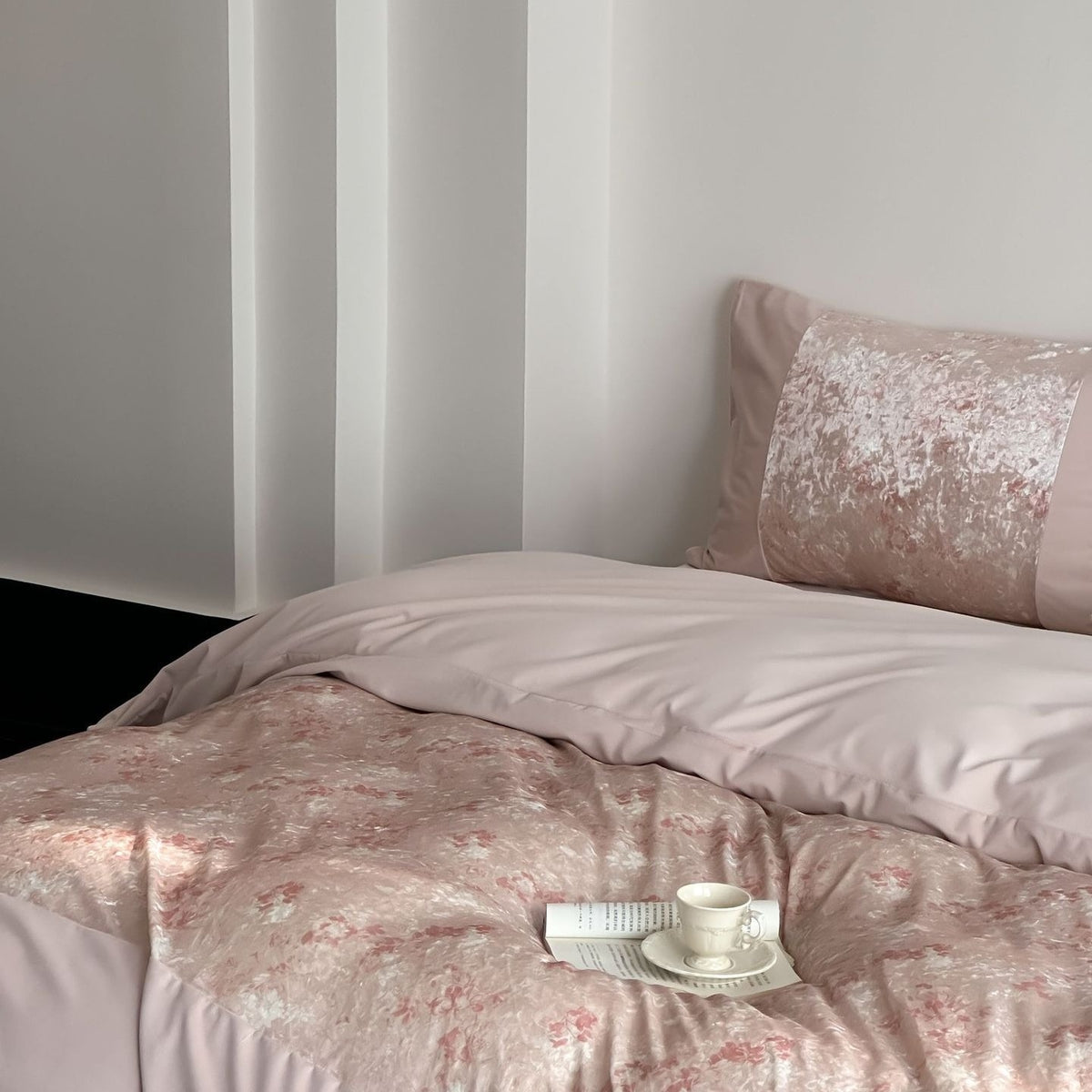VILZSTUDIOS pink, blue or olive green velvet duvet cover set with textured nature-motif panels and matte borders