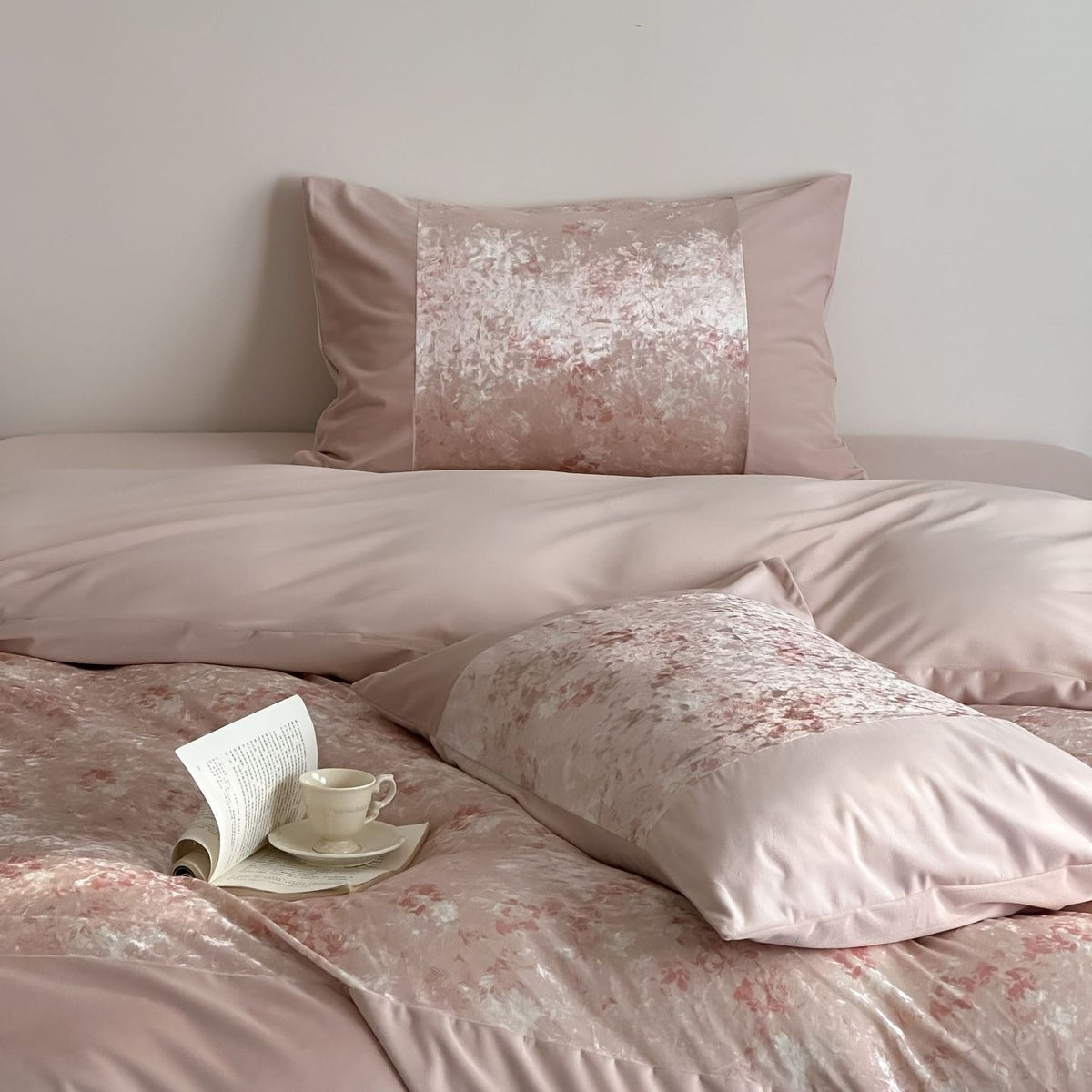 VILZSTUDIOS pink, blue or olive green velvet duvet cover set with textured nature-motif panels and matte borders