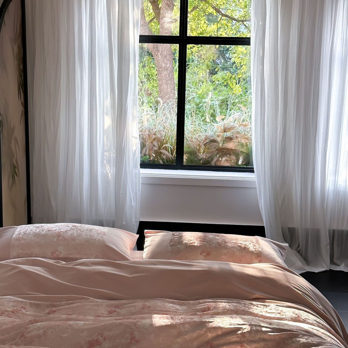 VILZSTUDIOS pink, blue or olive green velvet duvet cover set with textured nature-motif panels and matte borders