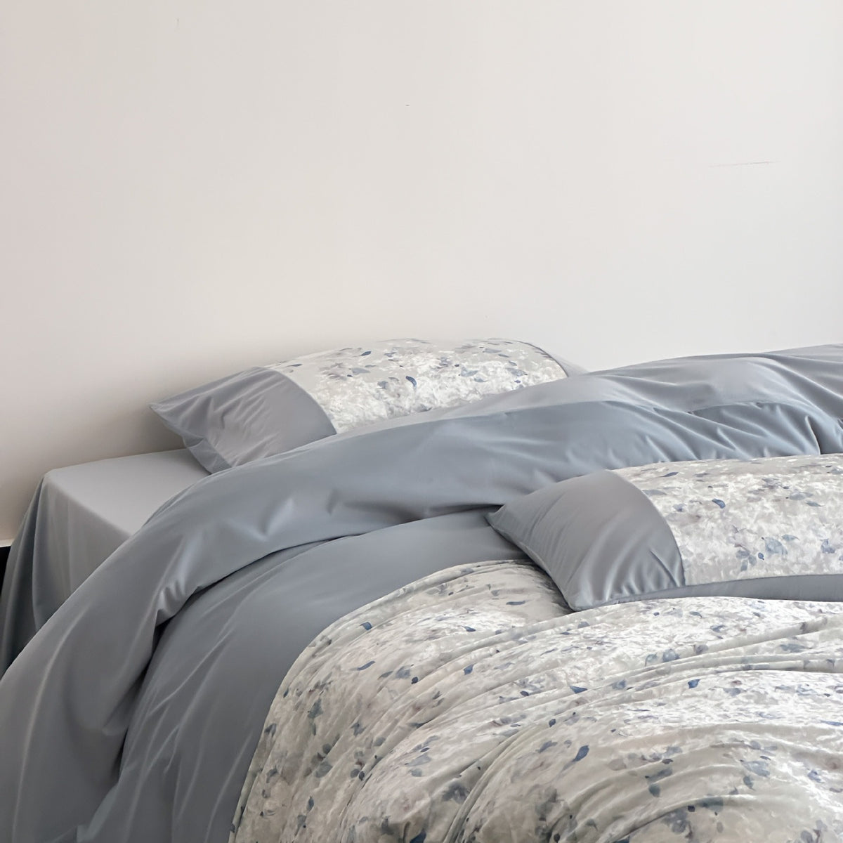 VILZSTUDIOS pink, blue or olive green velvet duvet cover set with textured nature-motif panels and matte borders