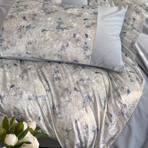 VILZSTUDIOS pink, blue or olive green velvet duvet cover set with textured nature-motif panels and matte borders